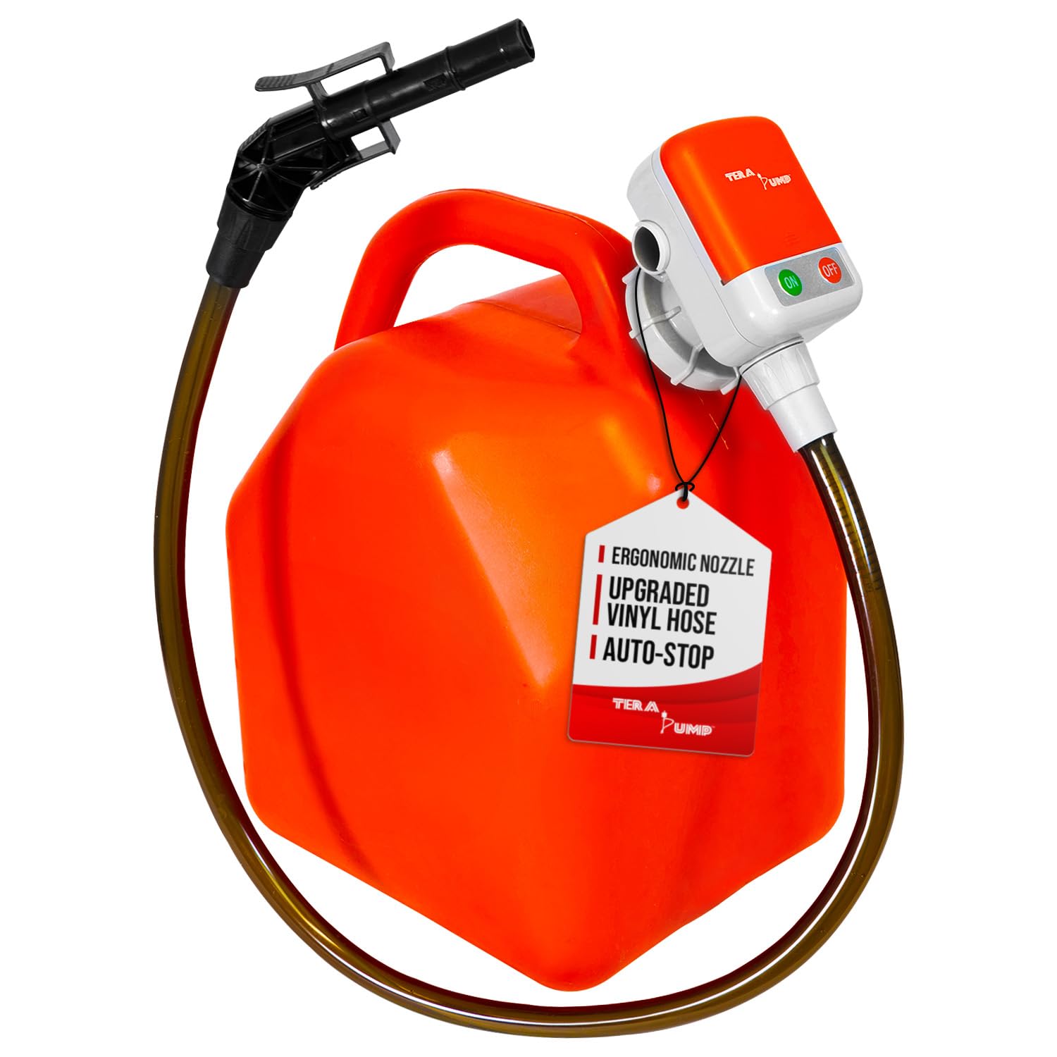 TERA PUMP TRFA01 4 AA Battery Powered Fuel Transfer Pump w/Flexible Intake hose and No-spill Auto-Stop Nozzle attachable to gas cans and more