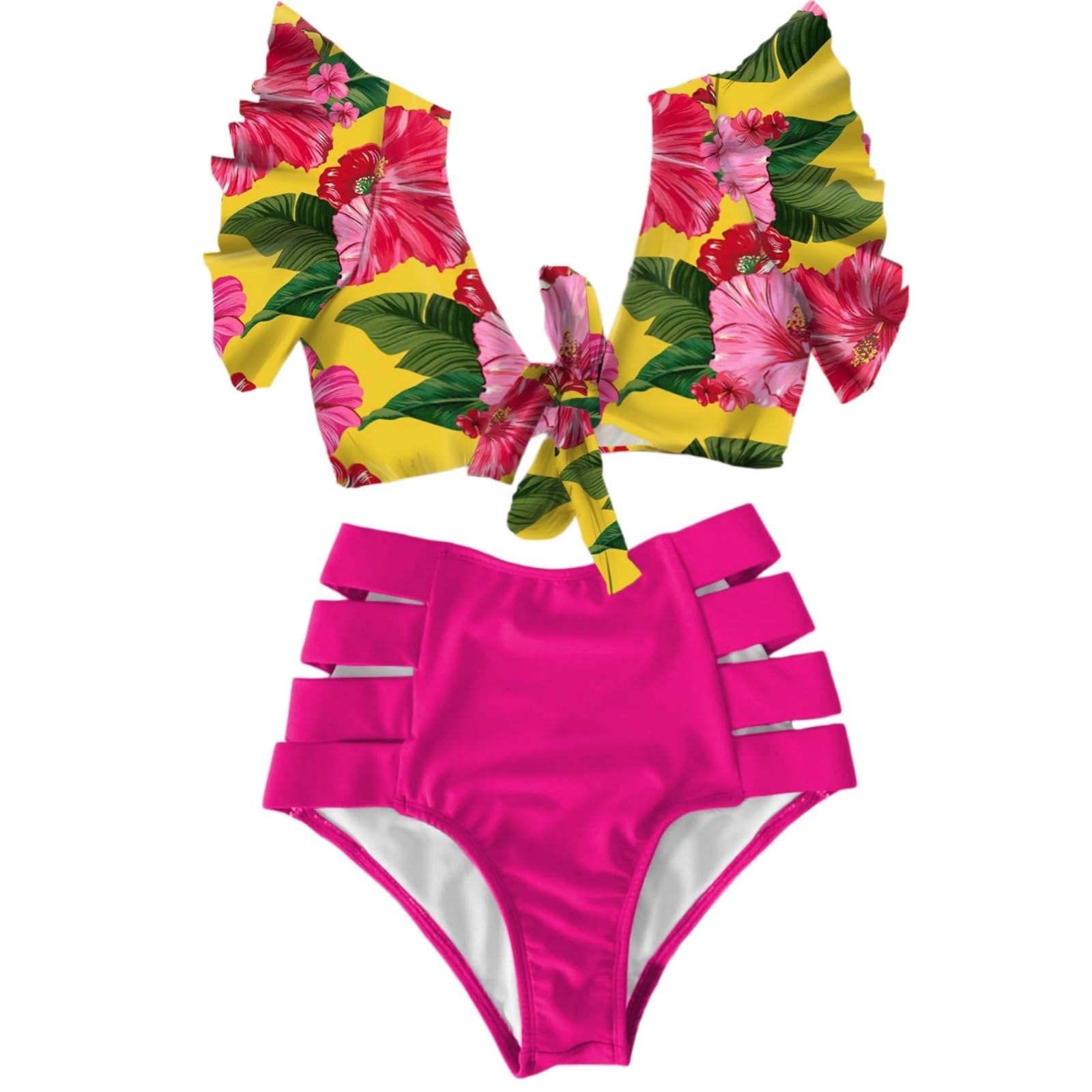 Bikini floral ruffle maillot de bain taille haute col v vêtements plage élégants vacances