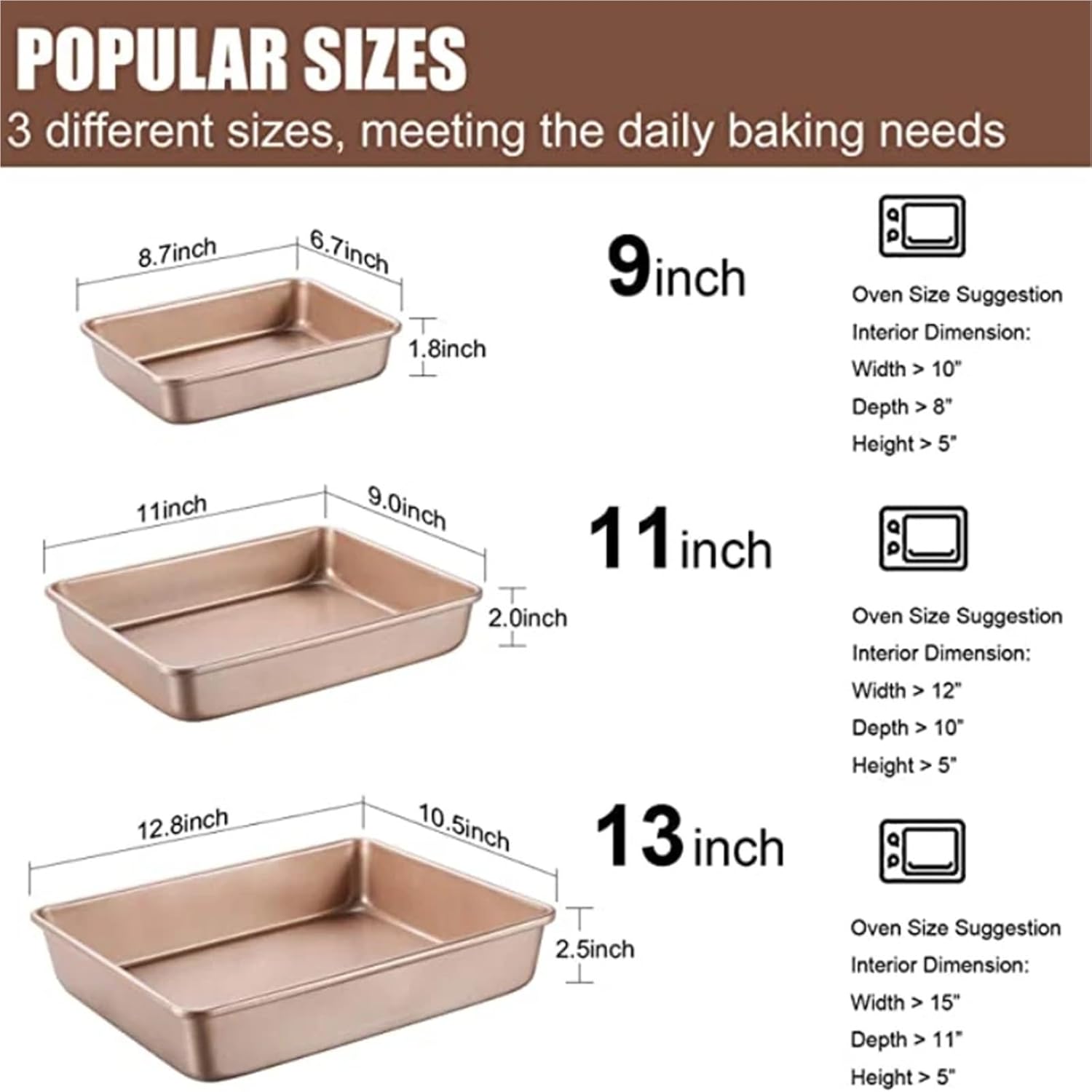 Thickened non-stick carbon steel square baking pans of varying depths, easy to clean，perfect for making cakes, bread，pastries(Deep 13in)