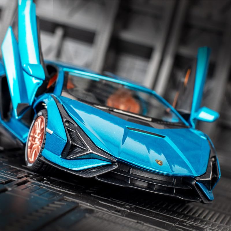 Image of Advisian store 1:24 Lamborghini Sian Die-cast Metal Toy Model Car Pull Back car Super car with Openable Doors with Sound and Light for Gifts Toys for Kids (1:24 Lamborghini Sian - Blue)
