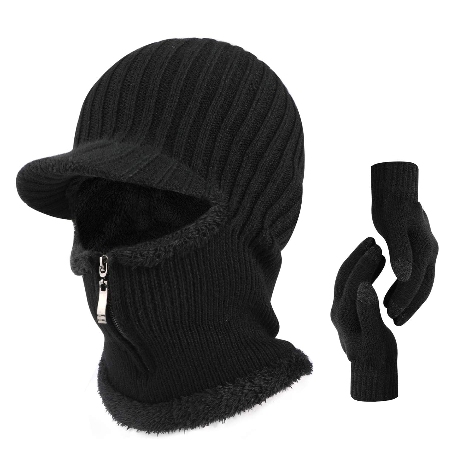 NALACALSki Cycling Mask for Men, Winter Knitted Balaclava Beanie Hat & Gloves Set, Warm Windproof, Adults Cold Weather Ski Beanie Neck Gaiter Ears Cover for Outdoors Running Snowboarding