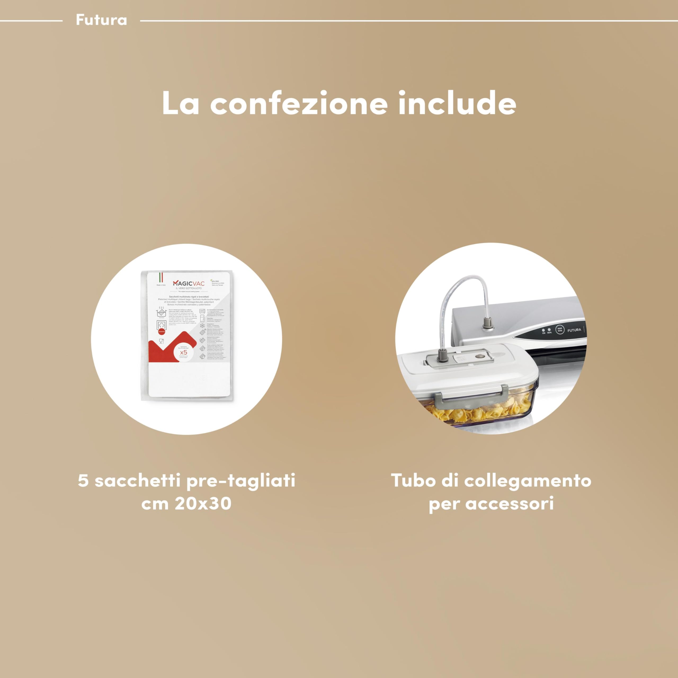 Magic Vac, Futura, Macchina Sottovuoto Alimenti Multifunzione, Ideale per Sacchetti Sottovuoto e Contenitori, con Kit Sottovuoto Alimenti, Tecnologia Brevettata, Made in Italy, Silver-Nera