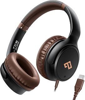 USB C Headphones for School Wired Headphones with Microphone-Brown Headset