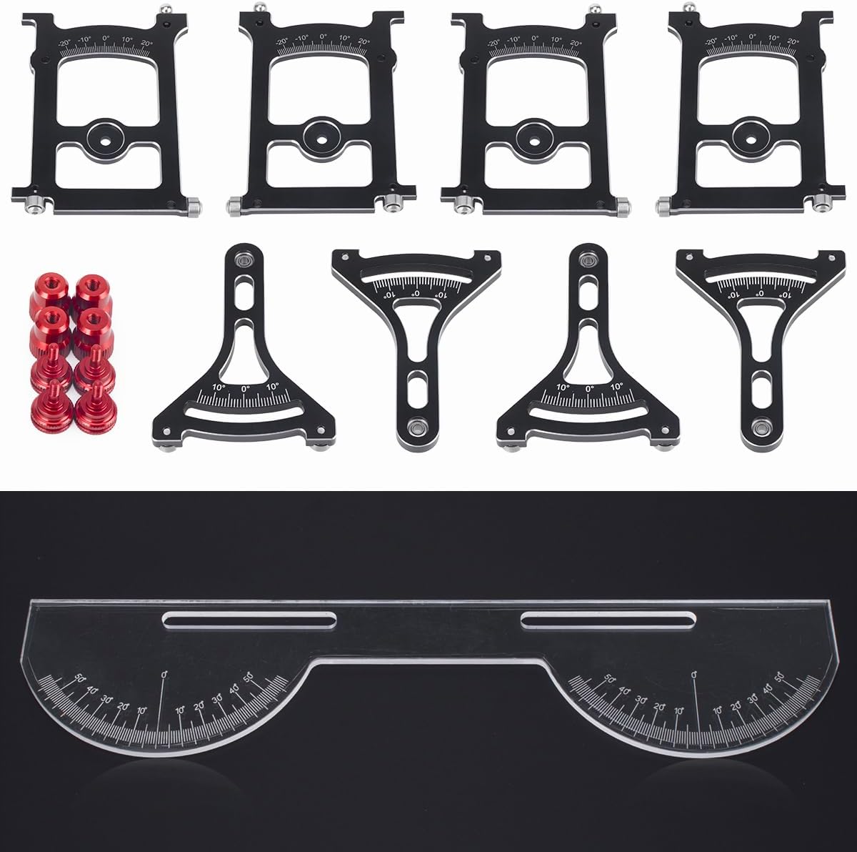 Aluminum Multi-Functional 1/10 RC On Road Car Alignment Tool Set– Camber/Toe/Slip Angle Gauge, Suspension Tuning Setup Gauge, Ultimate Suspension & Steering Adjustment Tool (Red Set)