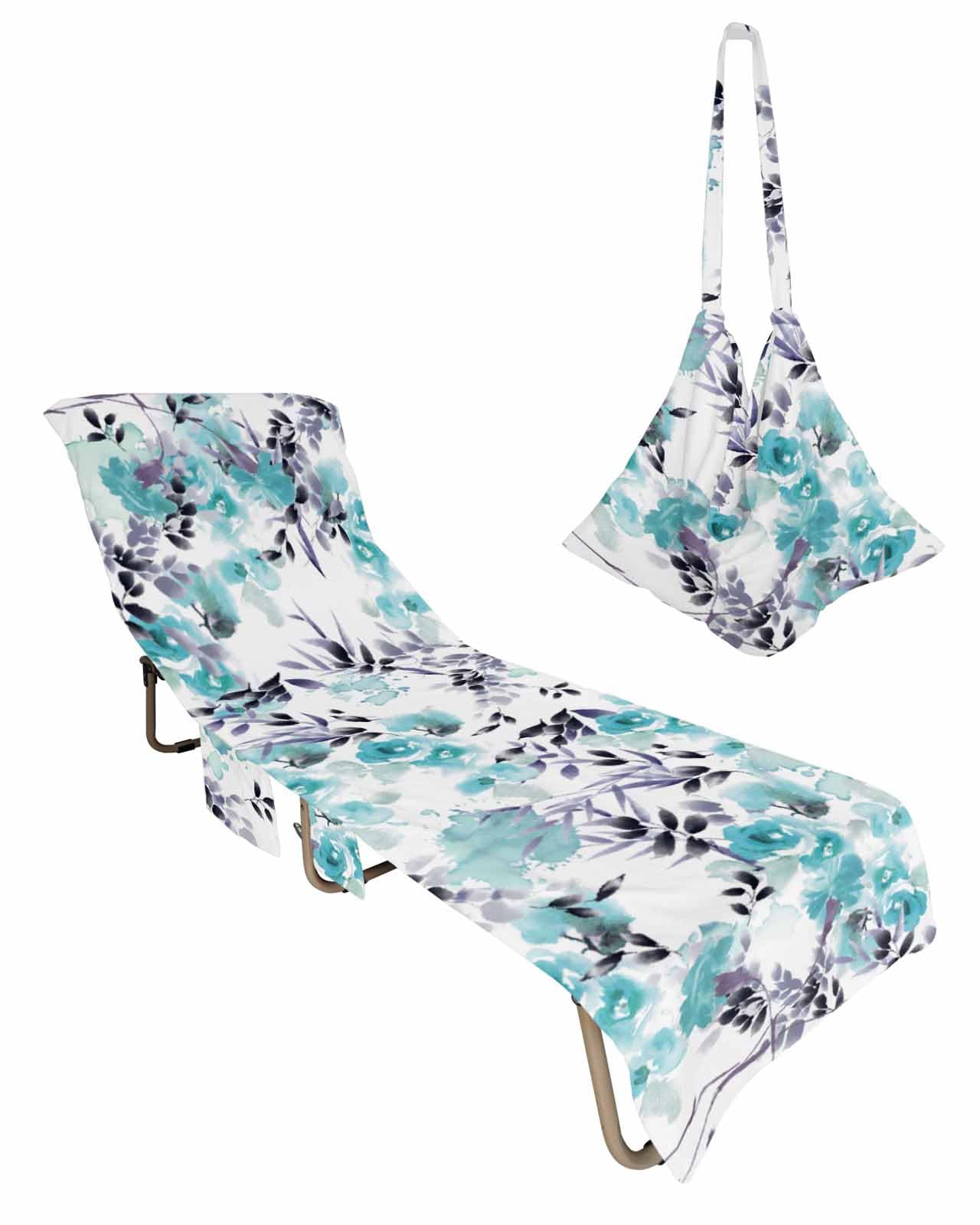 Blue Botanical Beach Lounge Chair Towel Cover, Soft Chaise Lounge Towel with Side Pockets Patio Pool Chairs Cover for Beach/Pool Sunbathing 29x85 Watercolor Spring Summer Floral Elegant
