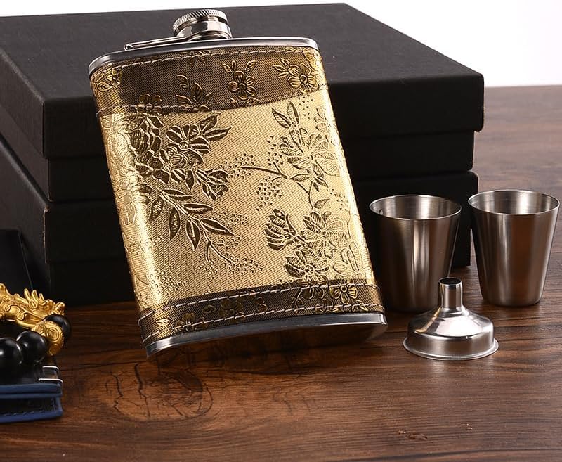 Miniatura 3 de Jettaex Patrón dorado de 8 onzas, regalo 100% acero inoxidable (304/18-8 SS). Bono 2 vasos de chupito + 1 embudo + 1 caja de regalo. A prueba de