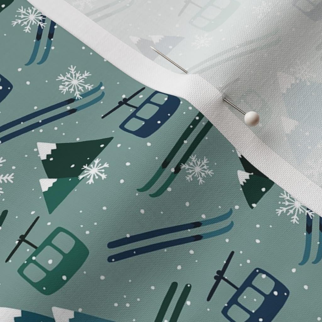 Spoonflower Fabric - Winter Mountains Ski Snowflake Blue Green Handdrawn Printed on Petal Signature Cotton Fabric by The Yard - Sewing Quilting Apparel Crafts Decor