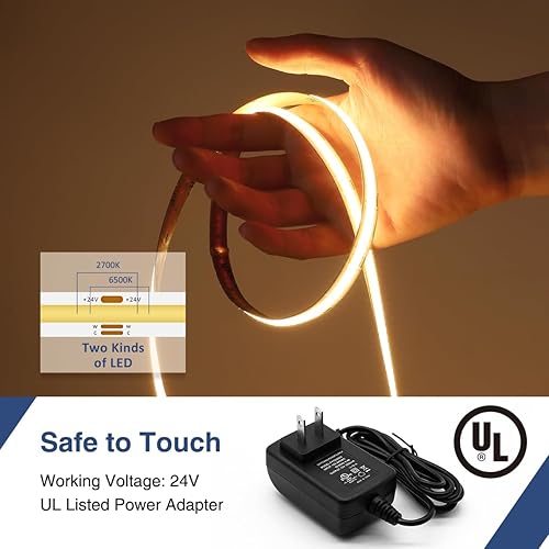 Miniatura 5 de Ustarus COB - Tira de luz LED blanca regulable de 16.4 pies, 24 V, 2700 K-6500 K, cinta de tira de luz COB con control remoto RF 3200 LED CRI93+