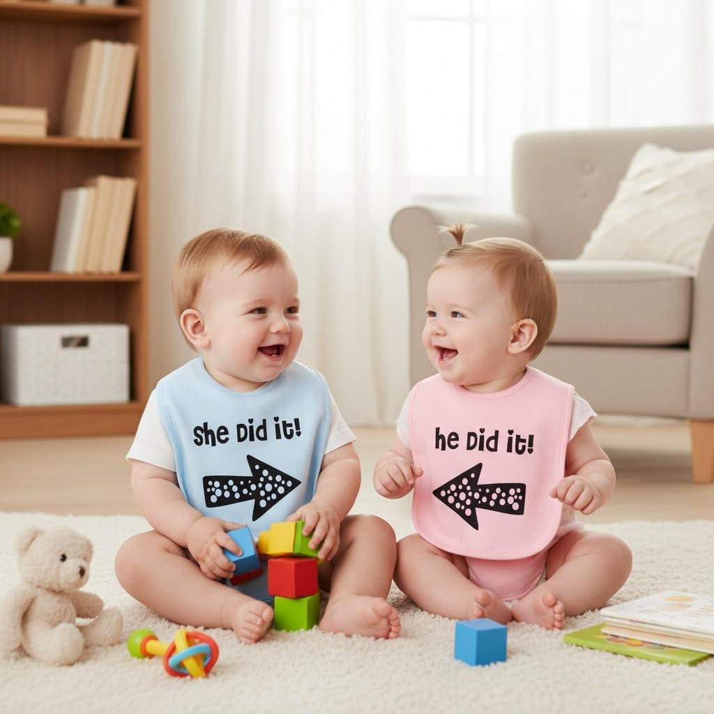 YSCULBUTOL Baby Twins Bibs He/She Did It Newborn Baby Cute Unisex Bibs Infant Twin Outfits