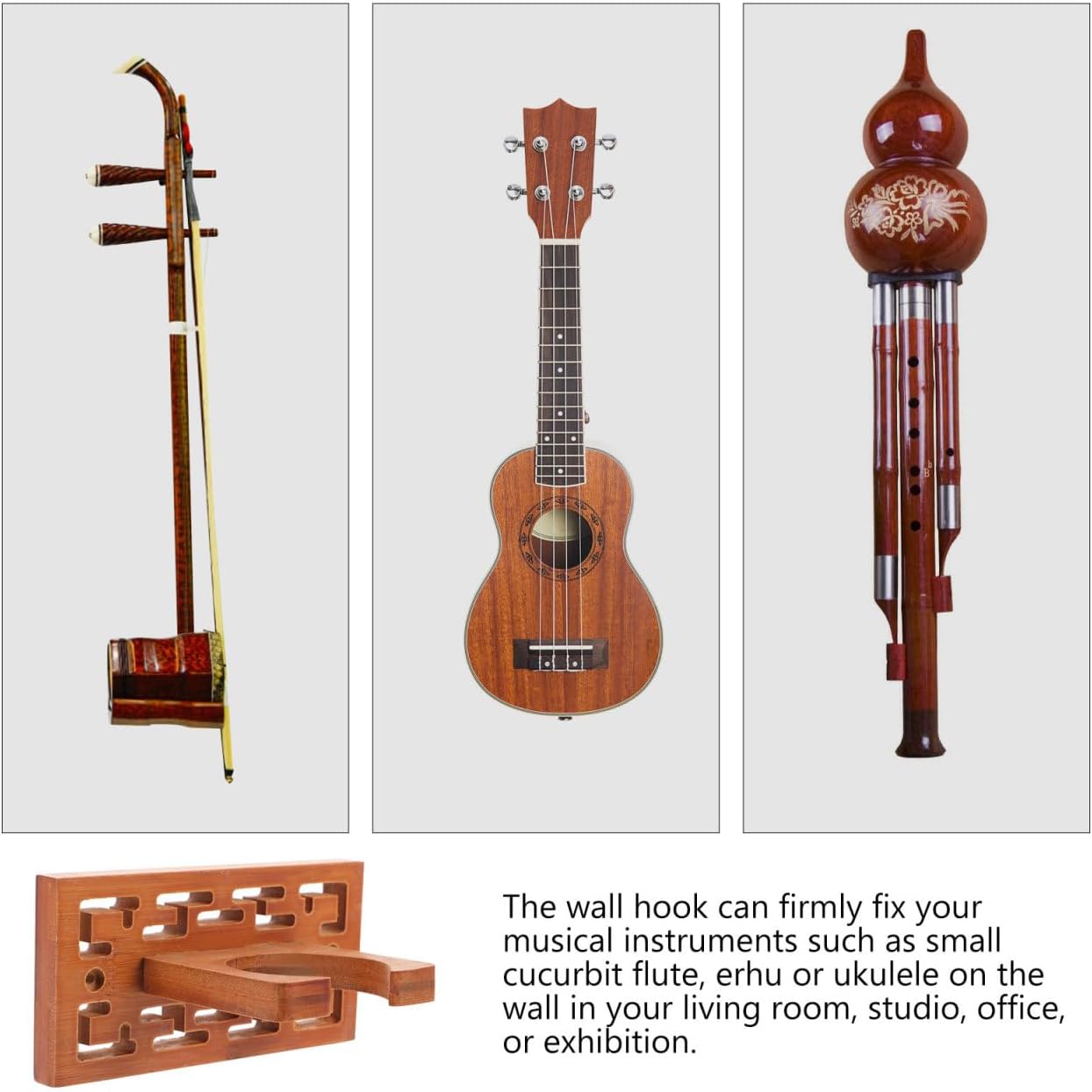 Wall-Mounted Musical Instrument Stand with Stable Holder for Ukulele Erhu and Cucurbit Flute Space-Saving Instrument Hanger with Screws for Home Display and Storage image 5