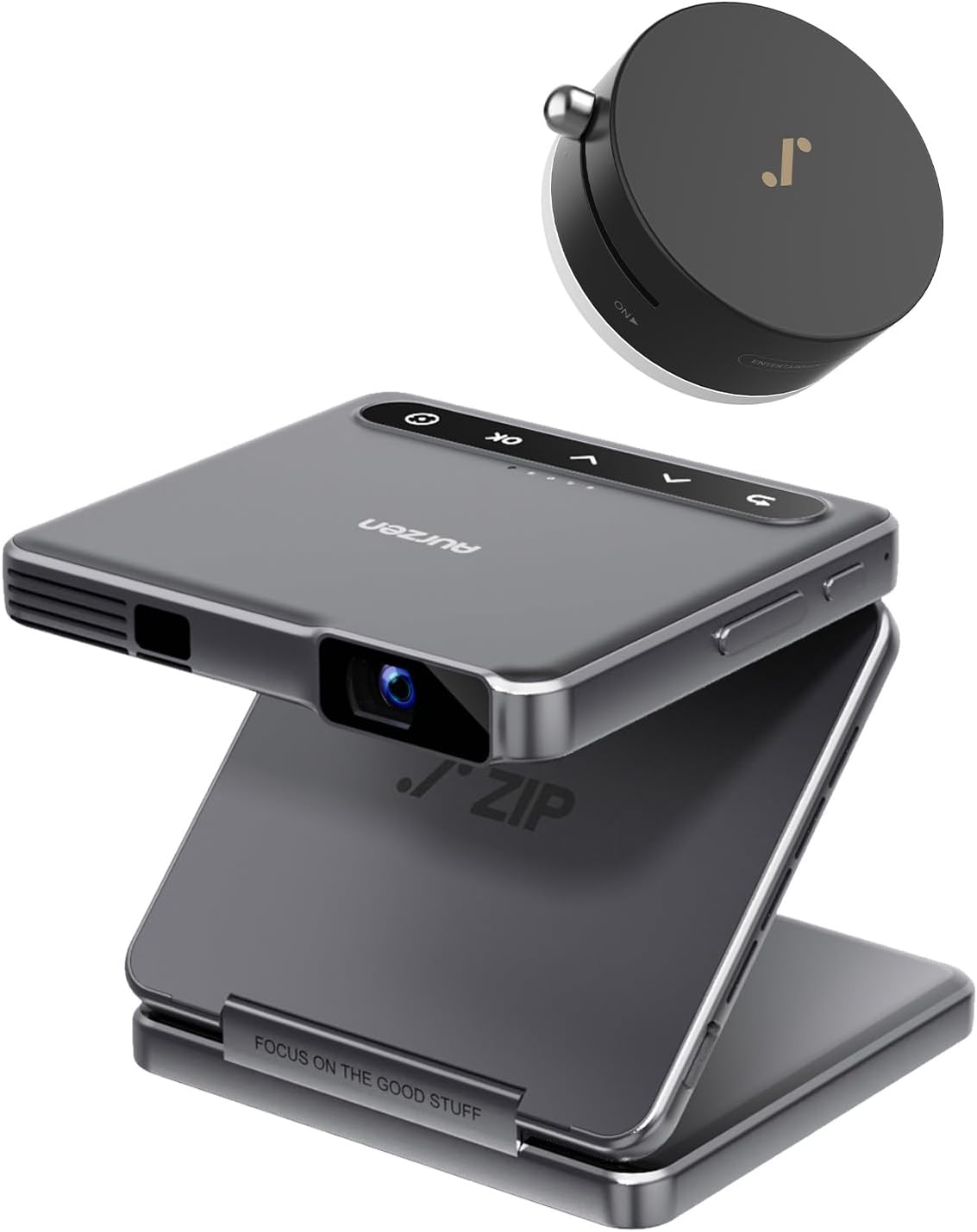 ZIP Tri-Fold DLP Mini Projector Bundle with MagPlay Mount, Zero-Lag Focus, One-Click Screen Mirroring, Full-Screen Mode, Type-C Fast Charging, 5,000mAh Battery, Gray