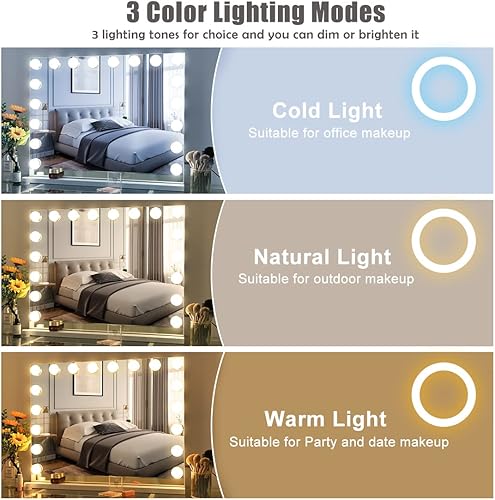 Miniatura 4 de Hansong Espejo de tocador grande de 32 x 23 pulgadas con control Bluetooth selfie, espejo de Hollywood ultra delgado con 18 bombillas, espejo de