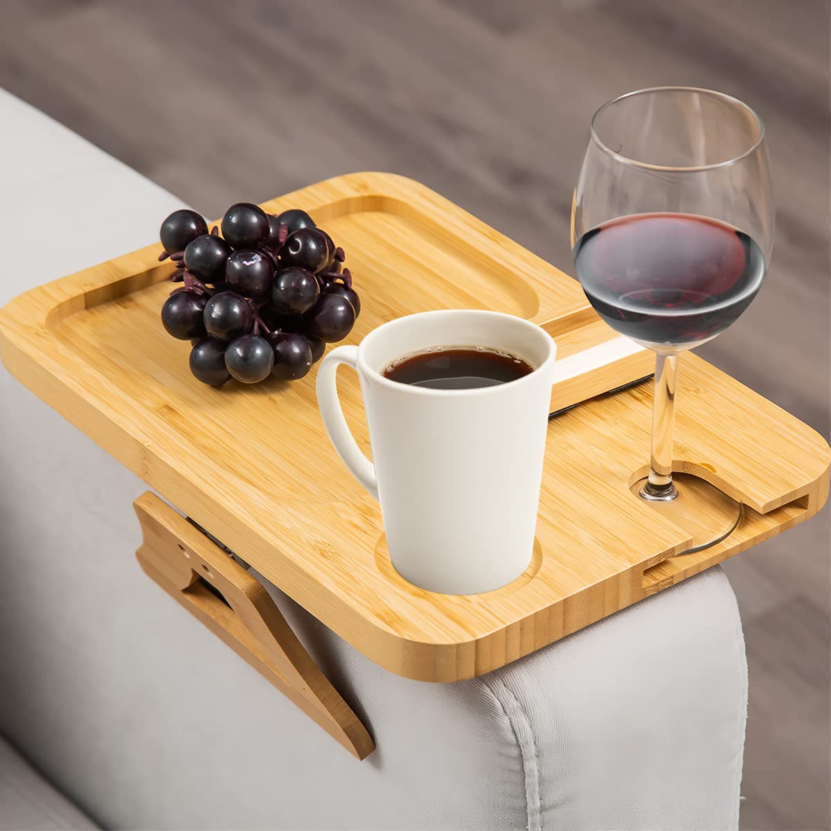 Sofa Armrest Tray Couch Armrest Table, Bamboo Sofa Arm Tray Clip with Rotating Phone Bracket Cup Holder Arm Rest TV Tray for Wide Couch Non-slip Clip on Sofa for Home Drink Snacks Fruit Remote Control