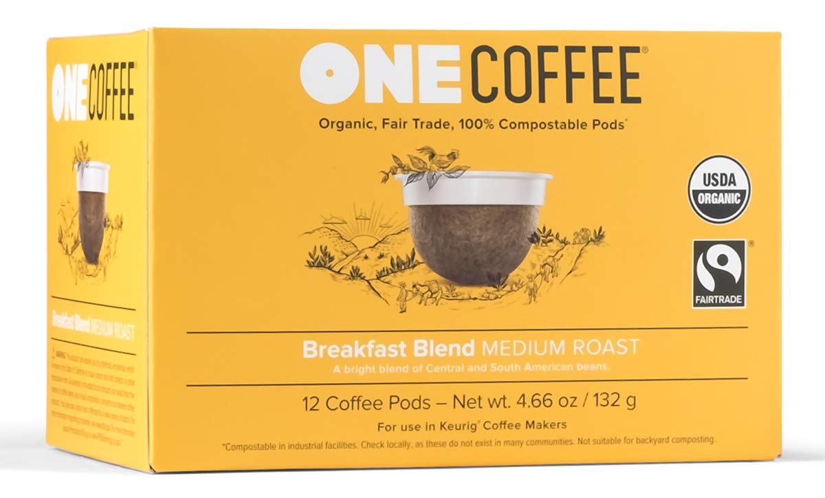OneCoffee Organic Breakfast Blend 12 Count Single Serve Coffee 100% Compostable K-Cup for Keurig Brewers - Medium Roast