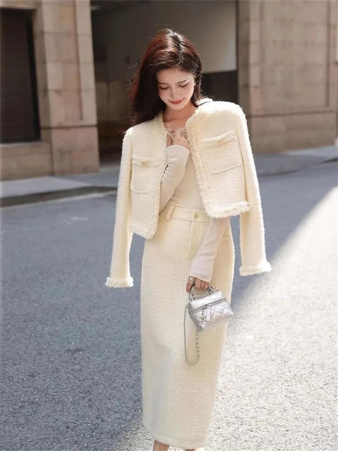 Women Tweed Two Piece Set Long Sleeve Jacket Slim Skirt Office Outfit
