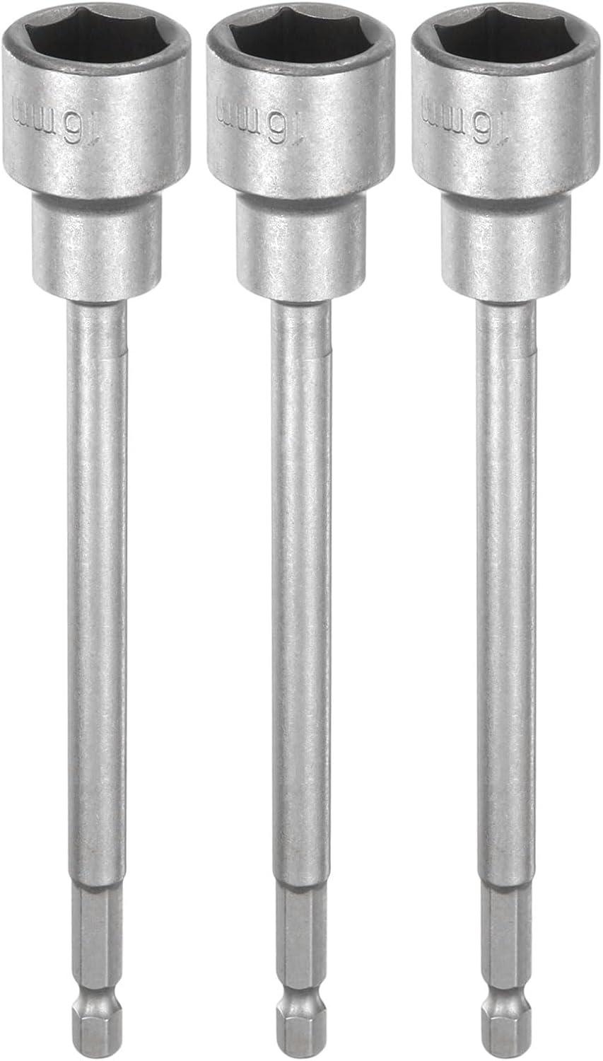 HARFINGTON 3pcs Nut Driver Drill Bit 16mm Metric Impact Socket 1/4" Hex Shank 6" (150mm) Extra Long Magnetic 6-Point Sockets Quick-Change CR-V Steel Bolt Setter for Power Drill Drivers