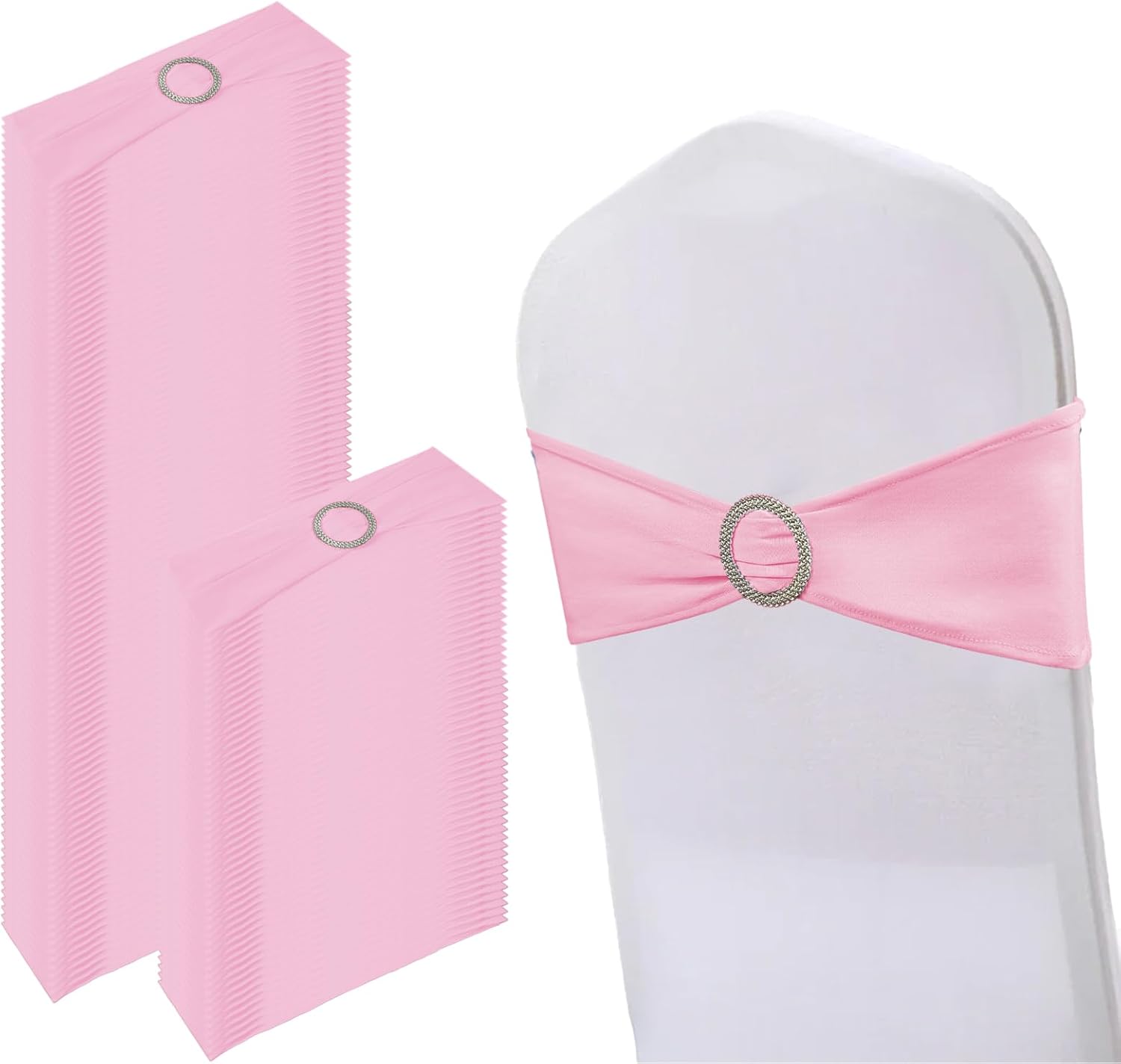 150 Pack Spandex Stretch Chair Sashes Bows, Elastic Stretch Chair Cover Bands Ties with Buckle Slider for Wedding Party Ceremony Reception Event Banquet Decoration (Pink)