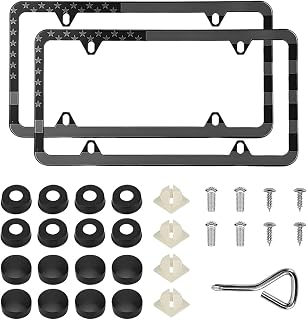 2 PCS American Flag License Plate Frames, Front Rear Patriotic USA Car Plate Frame, Aluminum License Plate Holder with Free Screws Fasteners Caps and Tool, Universal Car Accessory (Black)