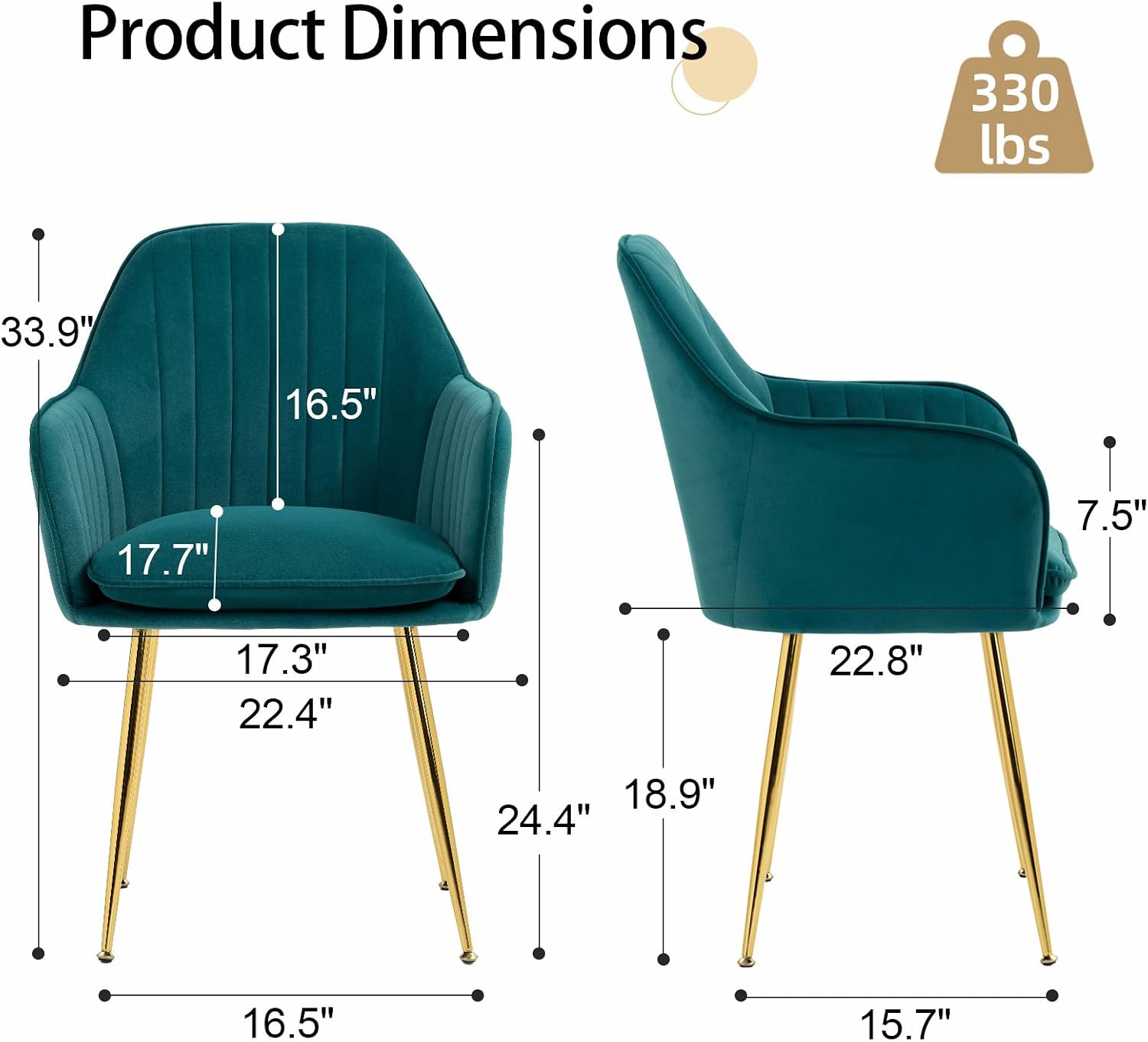 AVAWING Modern Living Dining Room Accent Arm Chairs Set of 2, Velvet Mid-Century Upholstered Seat Club Guest with Golden Legs, Green