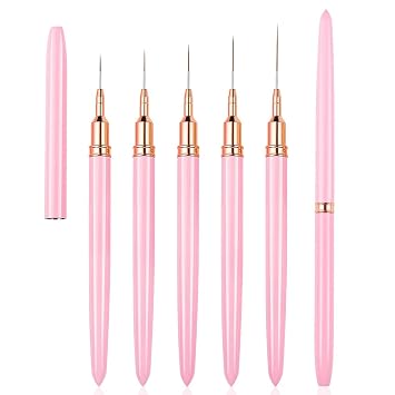 WOKOTO 5 Pcs Pink Nail Art Liner Brushes Painting Detail Nail Brushes For Nail Art Tools Set Nail Dotting Drawing Tool For Long Lines Thin Details Fine Drawing Sizes 4/8/12/20/25mm Thin Nail Brush