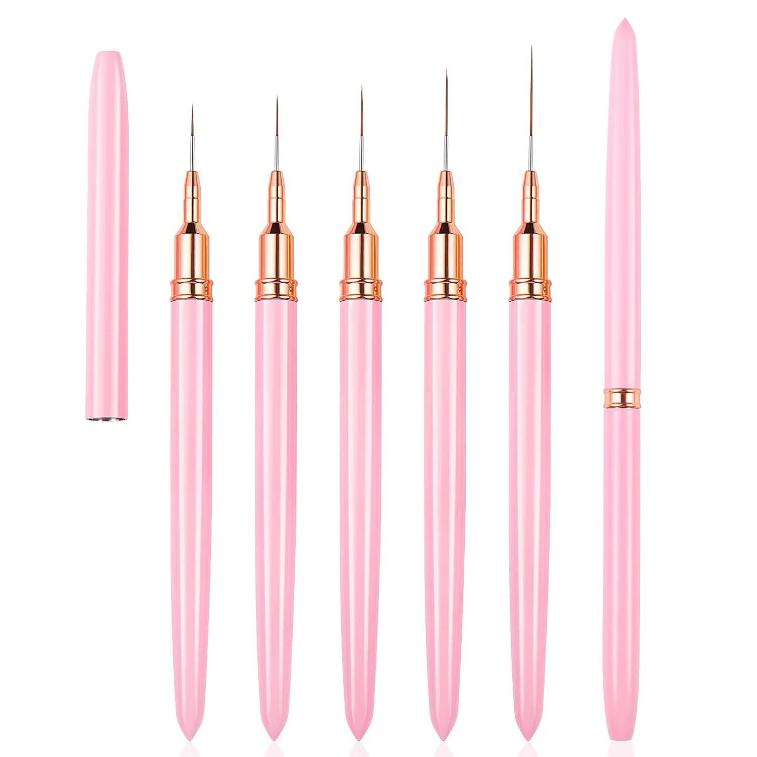 WOKOTO 5 Pcs Pink Nail Art Liner Brushes Painting Detail Nail Brushes For Nail Art Tools Set Nail Dotting Drawing Tool For Long Lines Thin Details
