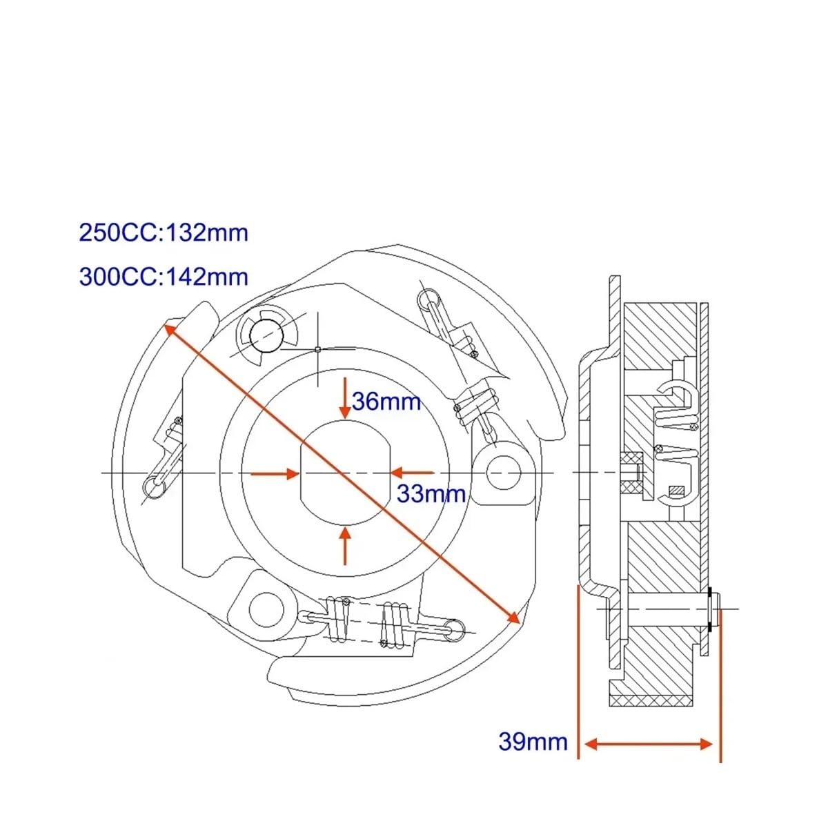 Embrayage 132MM 142MM Majesty LINHAI 250 260 300 YP250 JL250 LH300 Buyang Feishen Gsmoon Linhai Sym Citycom GTS 250i 300i(132MM)