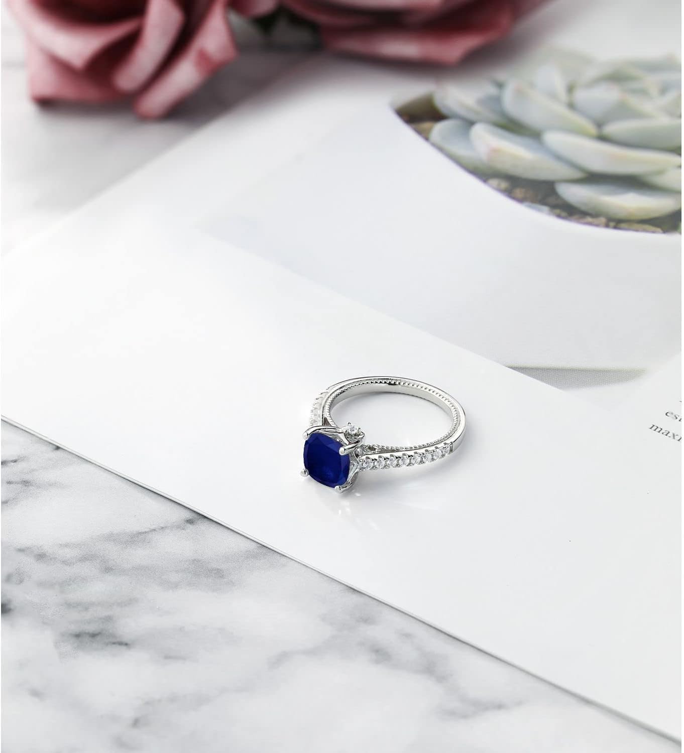 Gem Stone King 925 Sterling Silver Cushion 7MM Gemstone Birthstone and White Created Sapphire Engagement Ring | Wedding Engagement Anniversary Promise Ring For Women - Image 5