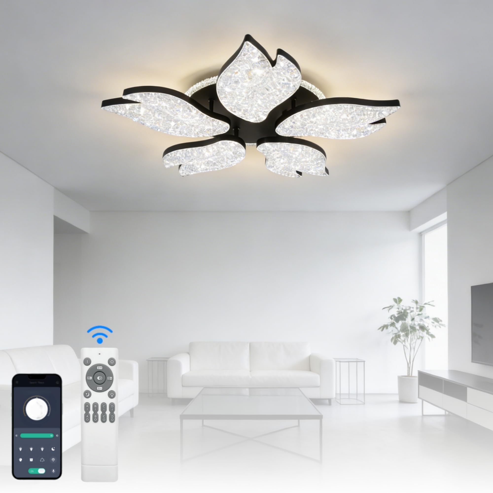 LED Wohnzimmer Deckenlampe Blume, Deckenleuchte Wohnzimmer Modern mit Speicherfunktion, Energieeffizient Dimmbare Wohnzimmerlampe Decke mit Fernbedienung/App-Steuerung für Esszimmer/Wohnzimmer/Flur