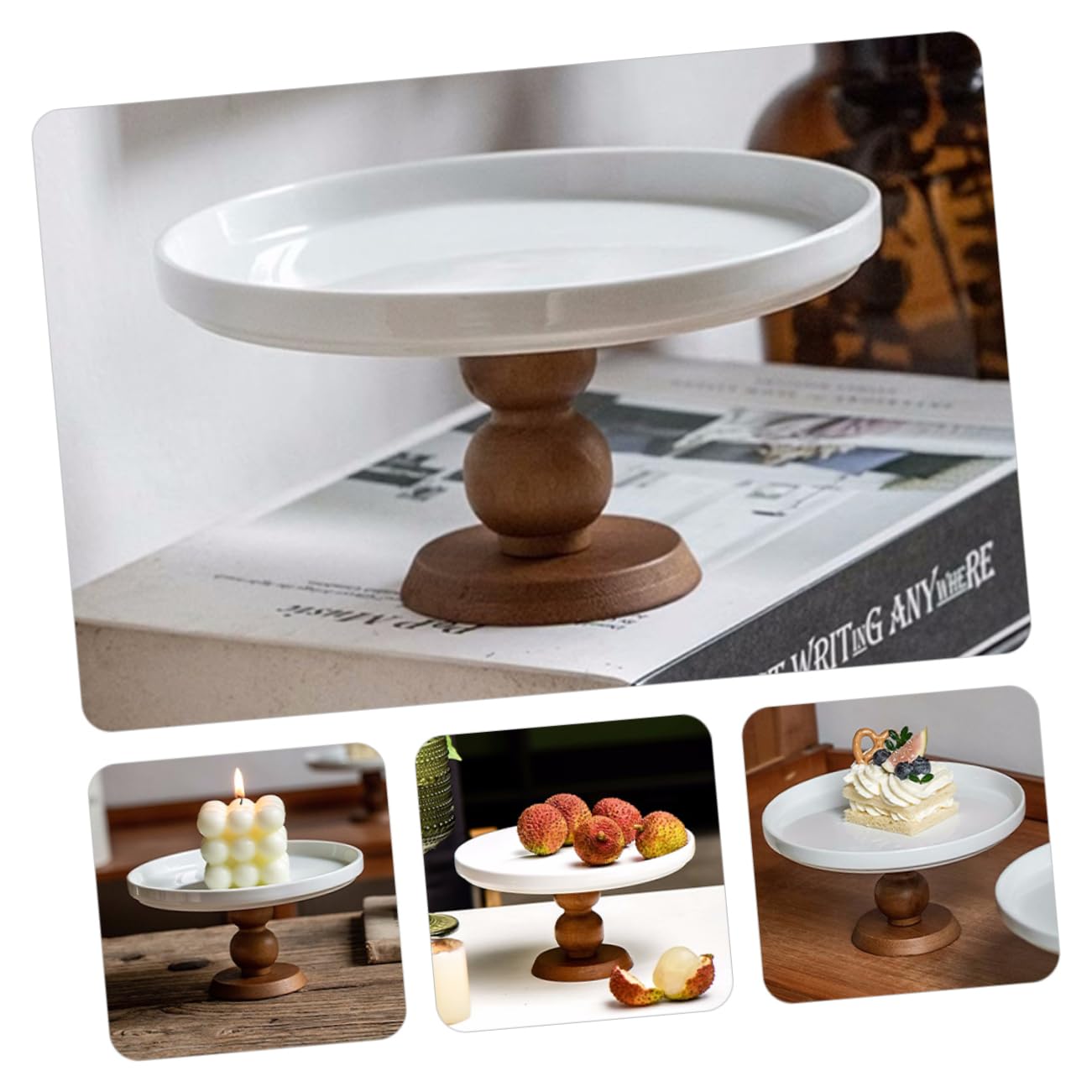 ABOOFAN Alzata per Dolci in Ceramica e Legno, Design Retrò Base Alta, per Torte, Cupcake e Dessert su Tavoli da Festa e Matrimonio