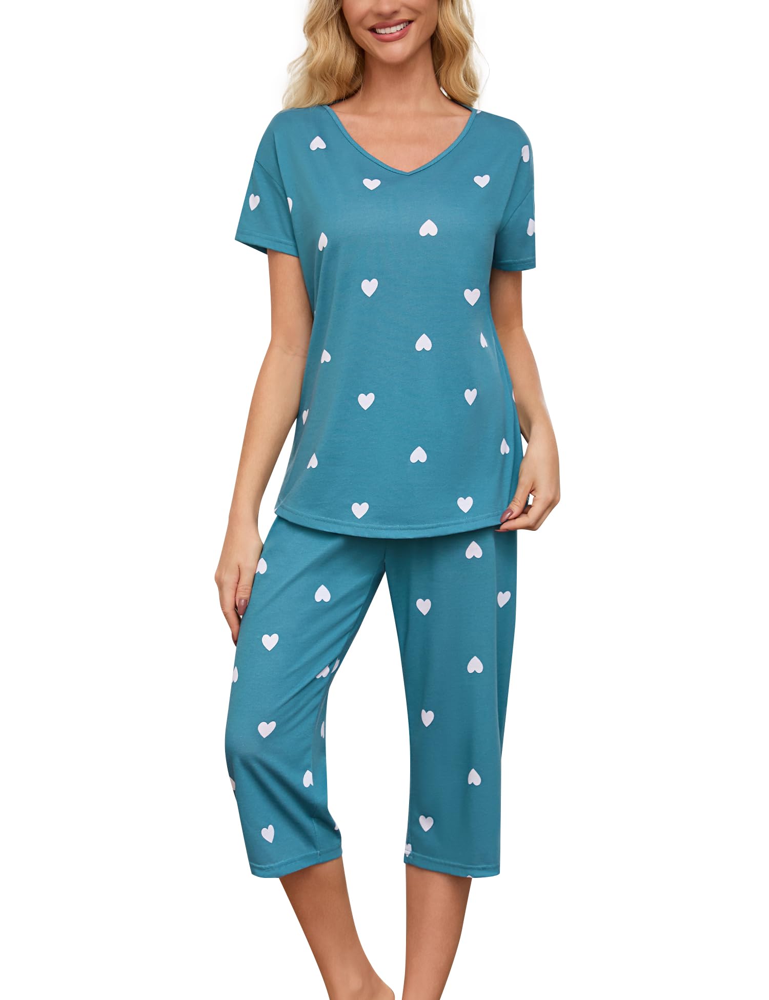ENJOYNIGHT Schlafanzug Damen Kurzarm Pyjama Set Baumwolle Nachtwäsche | Zweiteiliger Sommer Hausanzug, Weiches Leichtes Material, Modischer V-Ausschnitt, Lockere Passform