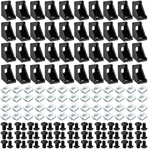 Zhengmy 50Sets 2020 Series Aluminum Profile Connector Set Including 50Pcs Corner Bracket 100 Pcs M5 T Nuts 100 Pcs M5x8 mm Hex Screw Bolt for 6 mm Slot Aluminum Profile Rail Accessories,black, silver