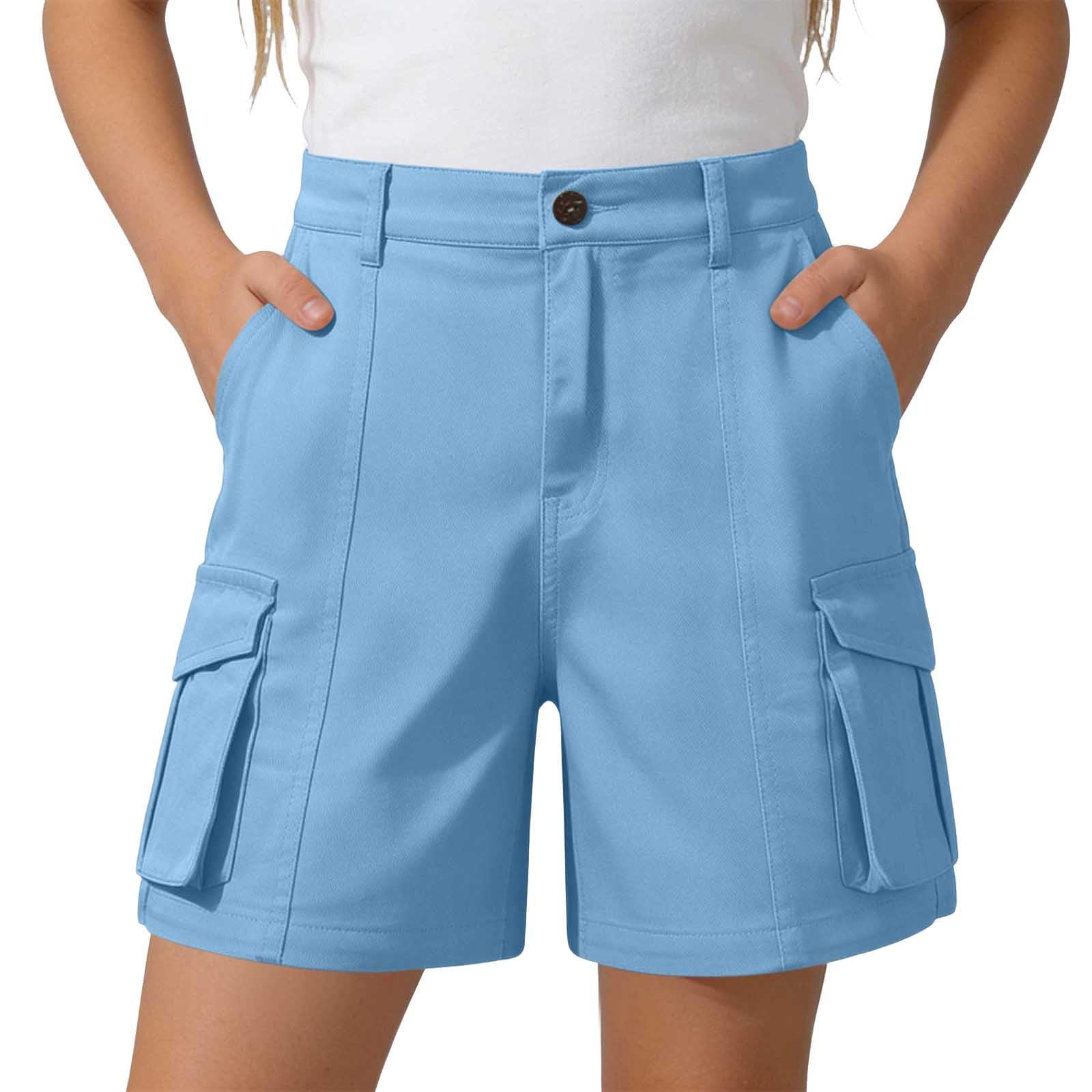 Generisch Kurze Hose Mädchen Sommer Bermuda Cargo Shorts Hohe Taille Cargoshorts mit Elastischem Bund und Taschen Wandershorts Einfarbige Knöpfen Stoffshorts Stretch Casual Cargohose Outdoor Golfhose