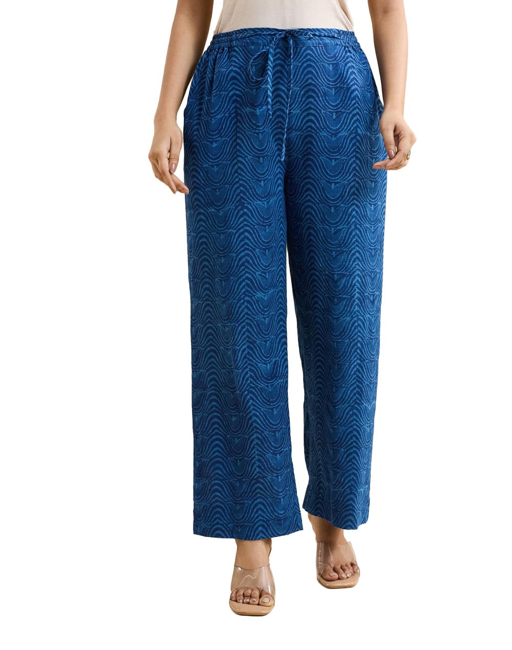 fabindia Blue Cotton Dabu Printed Casual Pant with Drawstring-picture-48