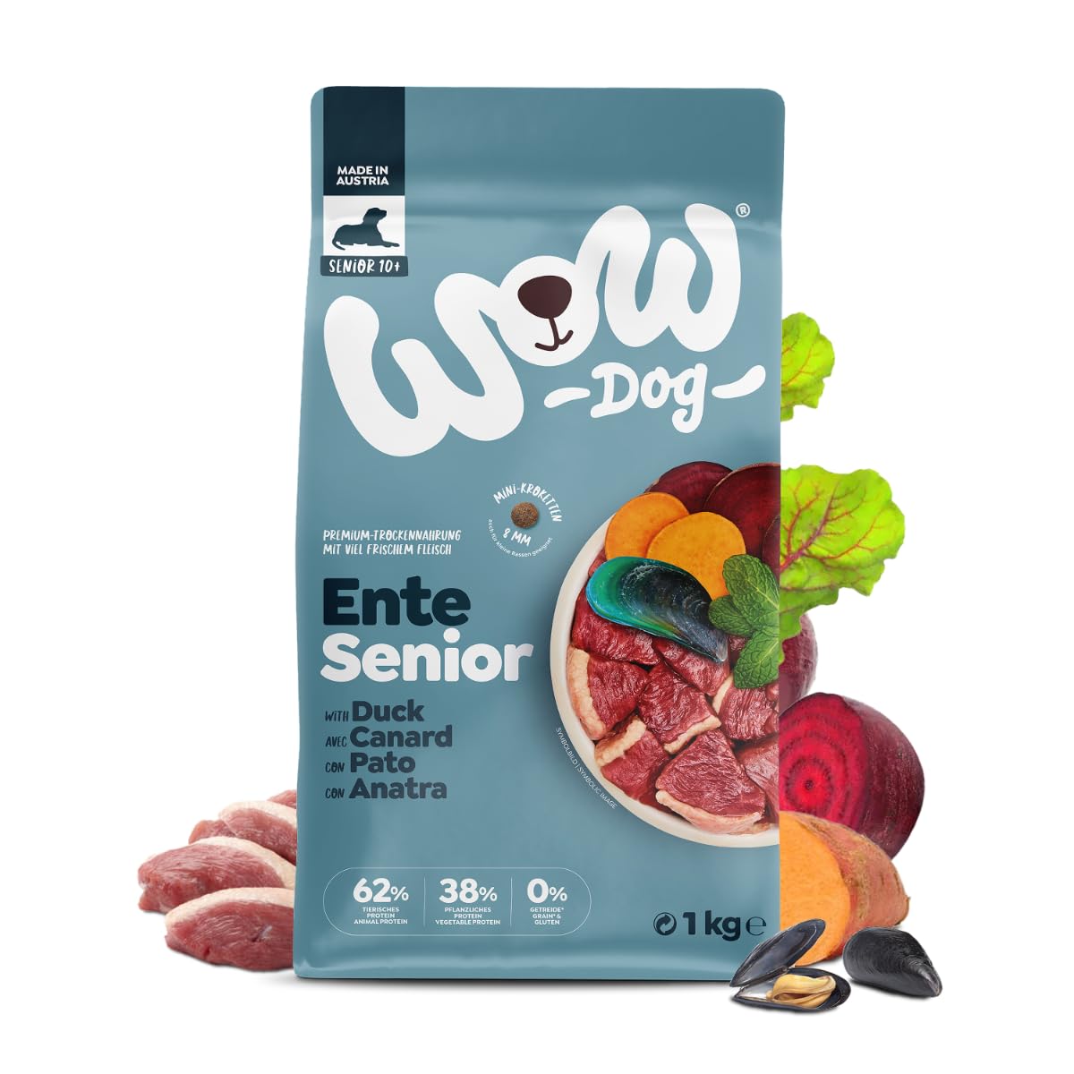 WOW Dog Senior Hunde Trockenfutter Minis mit Ente 3 x 1kg | ohne Getreide
