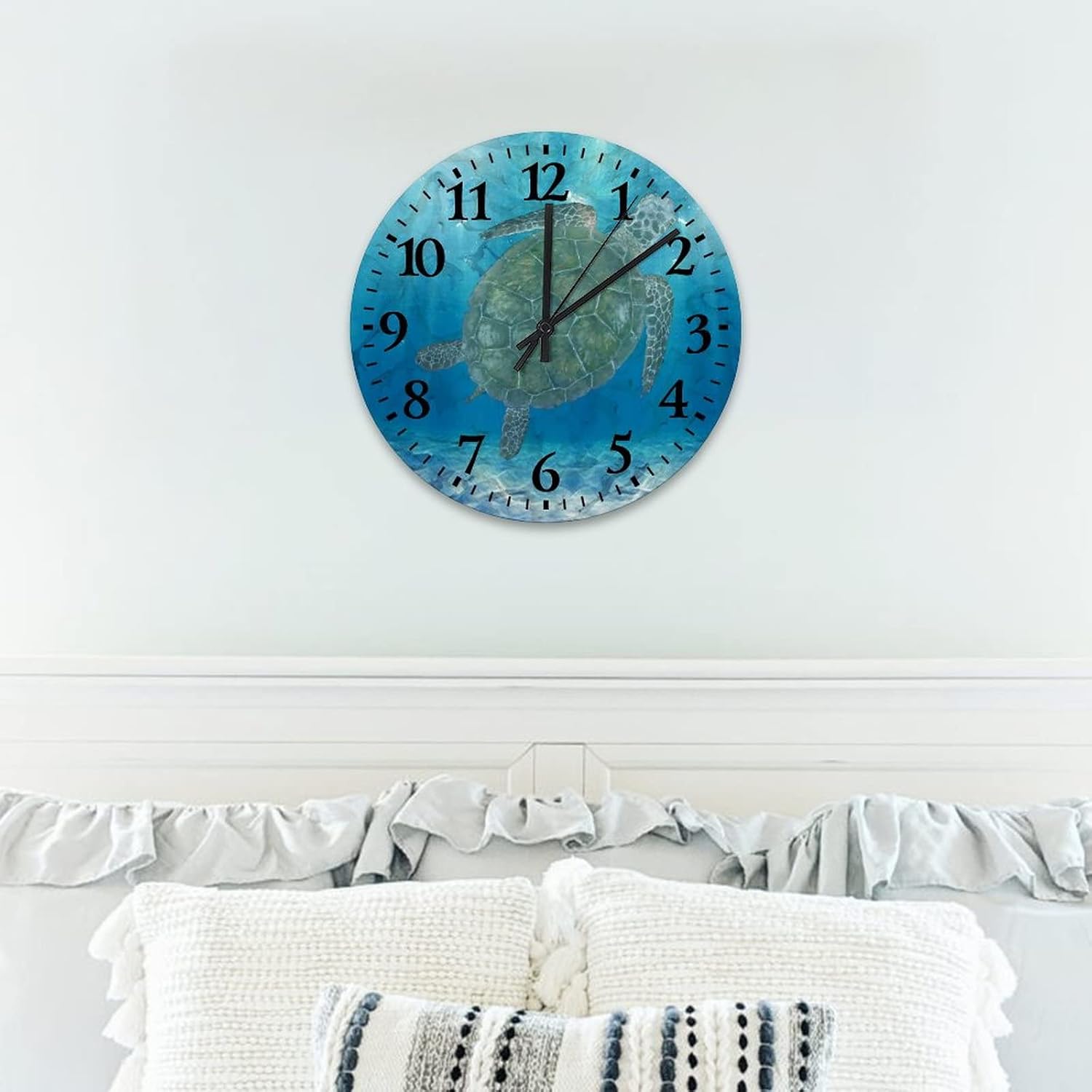 Wooden Wall Clocks Sea Turtle Room Decorative Wall Clock Battery Operated Silent Non-Ticking Arabic Numbers Vintage Beach Theme Round Clock for Living Room Kitchen Bedroom 12 Inch