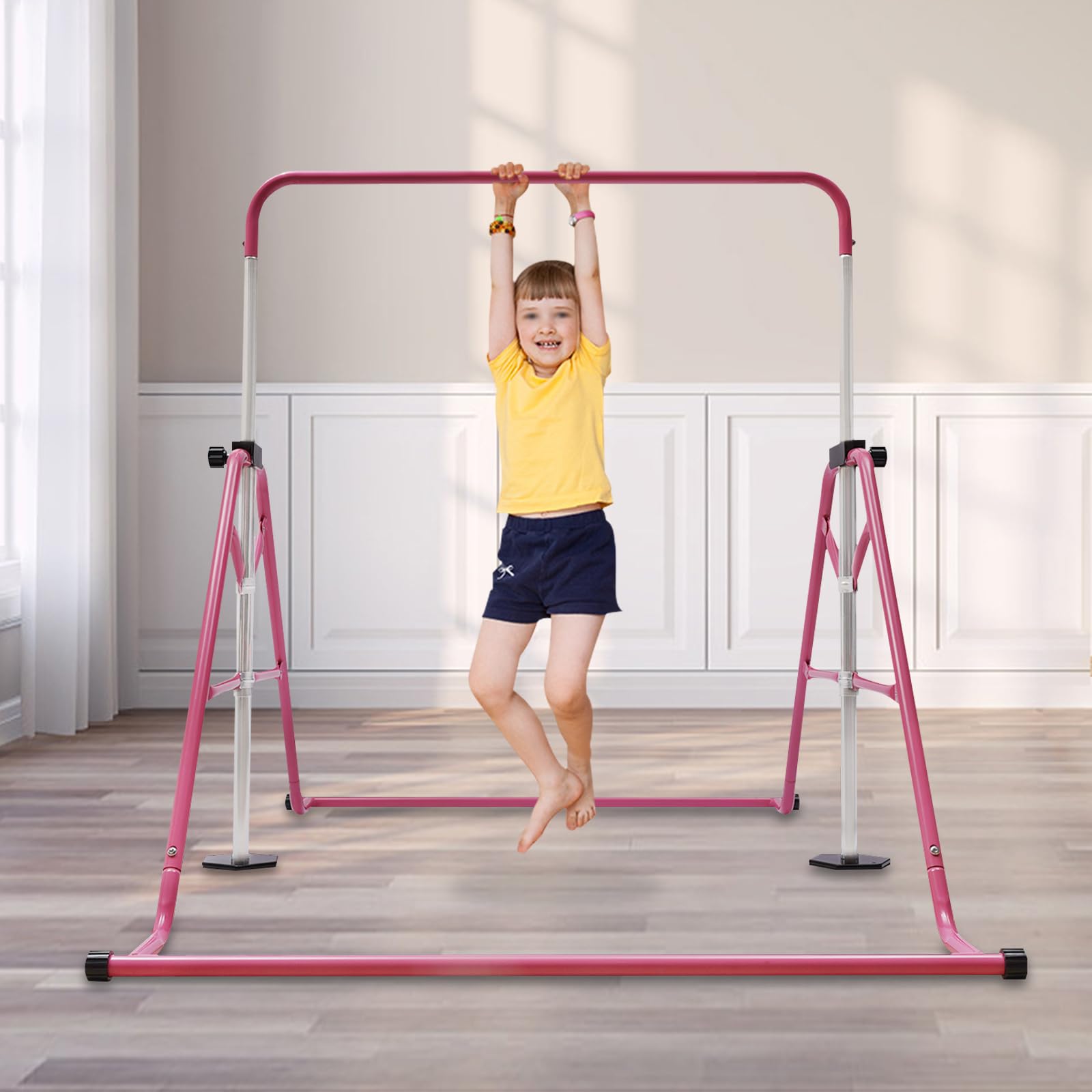 Barra plegable para gimnasia para niños, barra horizontal, 115-155 cm, barras de gimnasia ajustables, plegable, barra de gimnasia, hasta 100 kg, color rosa
