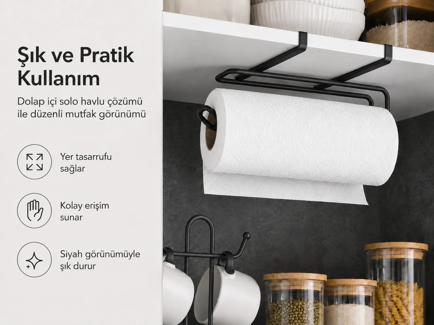 Alper Banyo Pratik Solo Havluluk Siyah, Dolap Altı Kağıt Havlu Tutucu, Delmeden Montajlı Mutfak Rulo Havluluk, Askılı Metal Düzenleyici