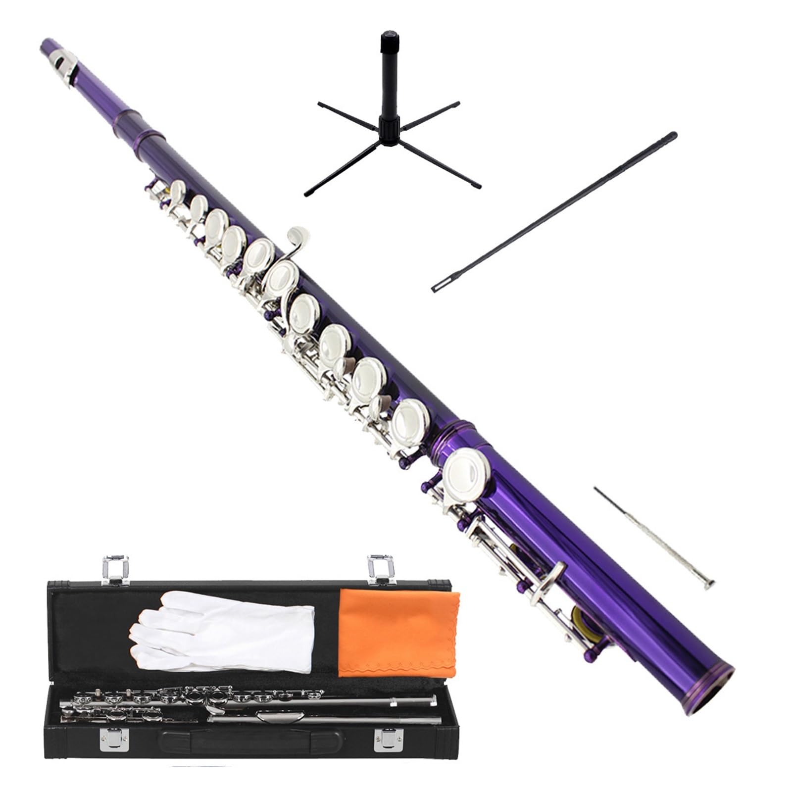 Flauto Professionale C Flauto Traverso In Argento Nichelato Con Chiave In Mi E Do Foro Chiuso(Purple)