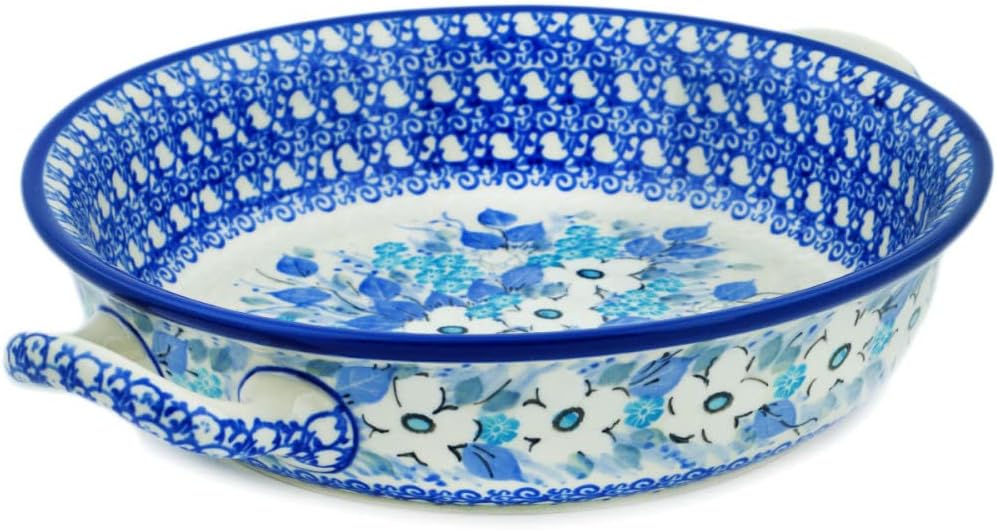 Polmedia Polish Pottery Round Baker with Handles UNIKAT - Delicate Magnolia Pattern Handmade in Boleslawiec Poland by Ceramika Artystyczna + Certificate of Authenticity