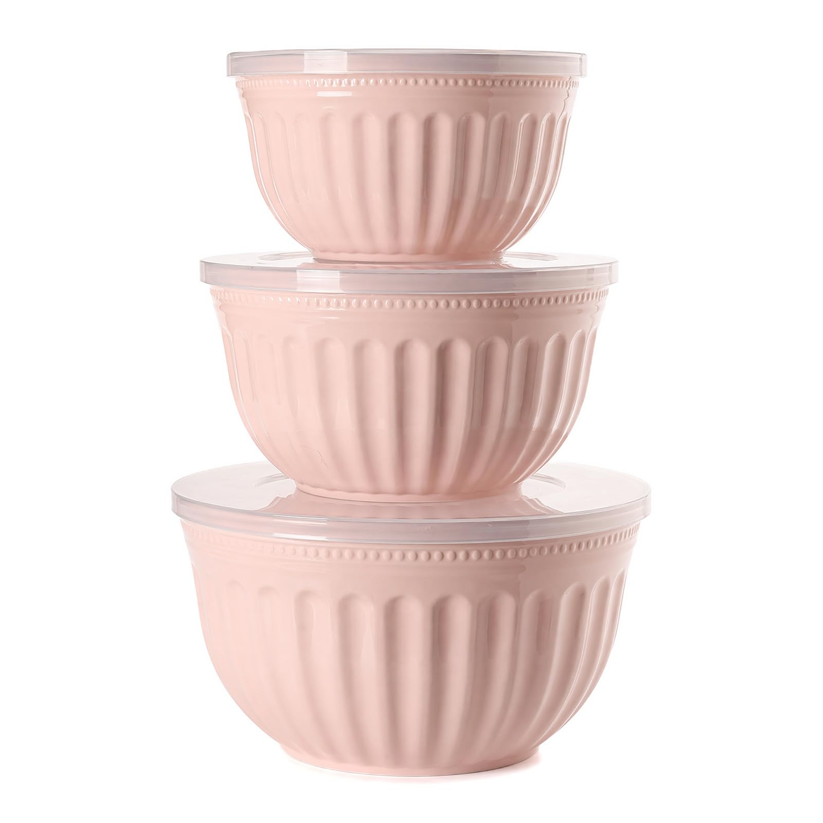 Set di 3 ciotole per insalata con coperchio, in plastica, senza BPA, impilabili, grandi ciotole per cucina, set di ciotole per miscelare, servire e conservare (rosa)