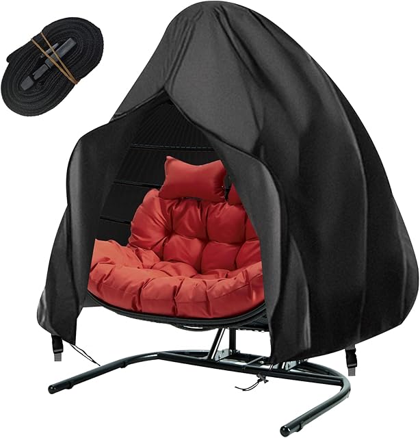 Double Egg Chair Cover Waterproof Patio Hanging Egg Chair Covers Veranda Garden Cocoon Egg Chair Protective Cover Outdoor Rattan Wicker Swing Chair Cover Black Double with Strap 232x203cm