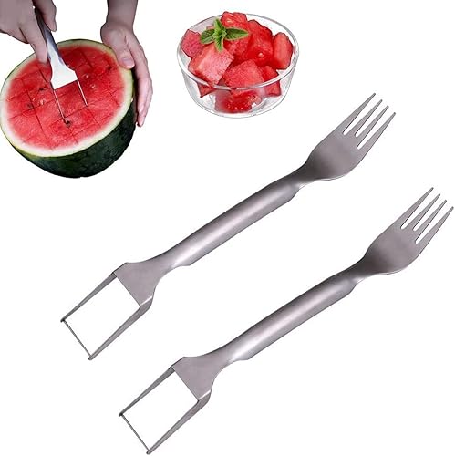 Cortador de tenedor de sandía 2 en 1, cortador de tenedor de sandía, tenedores de frutas de acero inoxidable para fiestas familiares, campamento (2