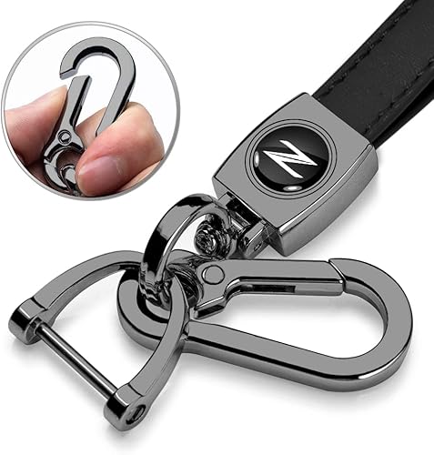 Miniatura 2 de iPick Image Hecho para Nissan 370Z Z Logo en negro sobre cuero negro Loop-Strap Dark Gunmetal Hook Llavero, Negro -