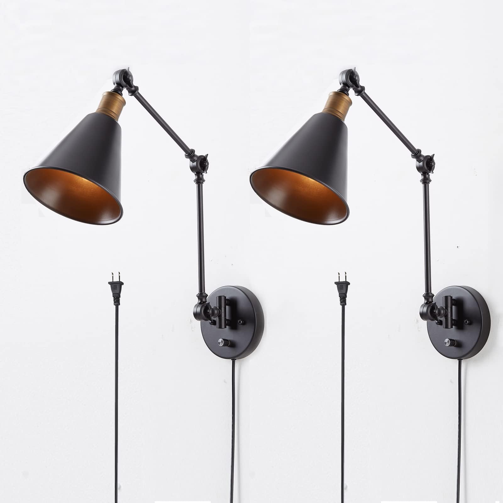 CLAXY Industrial Black and Antique Brass Swing Arm Wall Light Functional Sconce Light-2 Pack