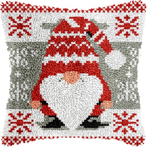 veirousa Christmas Gnomes Latch Hook Kits for Adults Beginners, Pre-Printed Santa Latch Hook Pillow Kit, Craft Rug Making Kits, DIY Embroidery Cushion for Home Sofa Decor & Xmas Gift Idea 17x17 in.