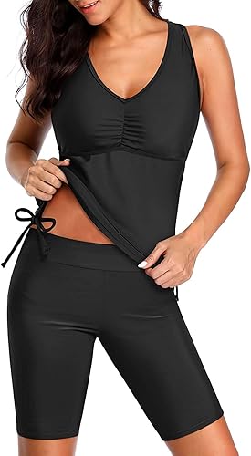 Yonique Traje de baño tankini de dos piezas para mujer con pantalones cortos, traje de baño atlético con pantalones cortos de natación con espalda