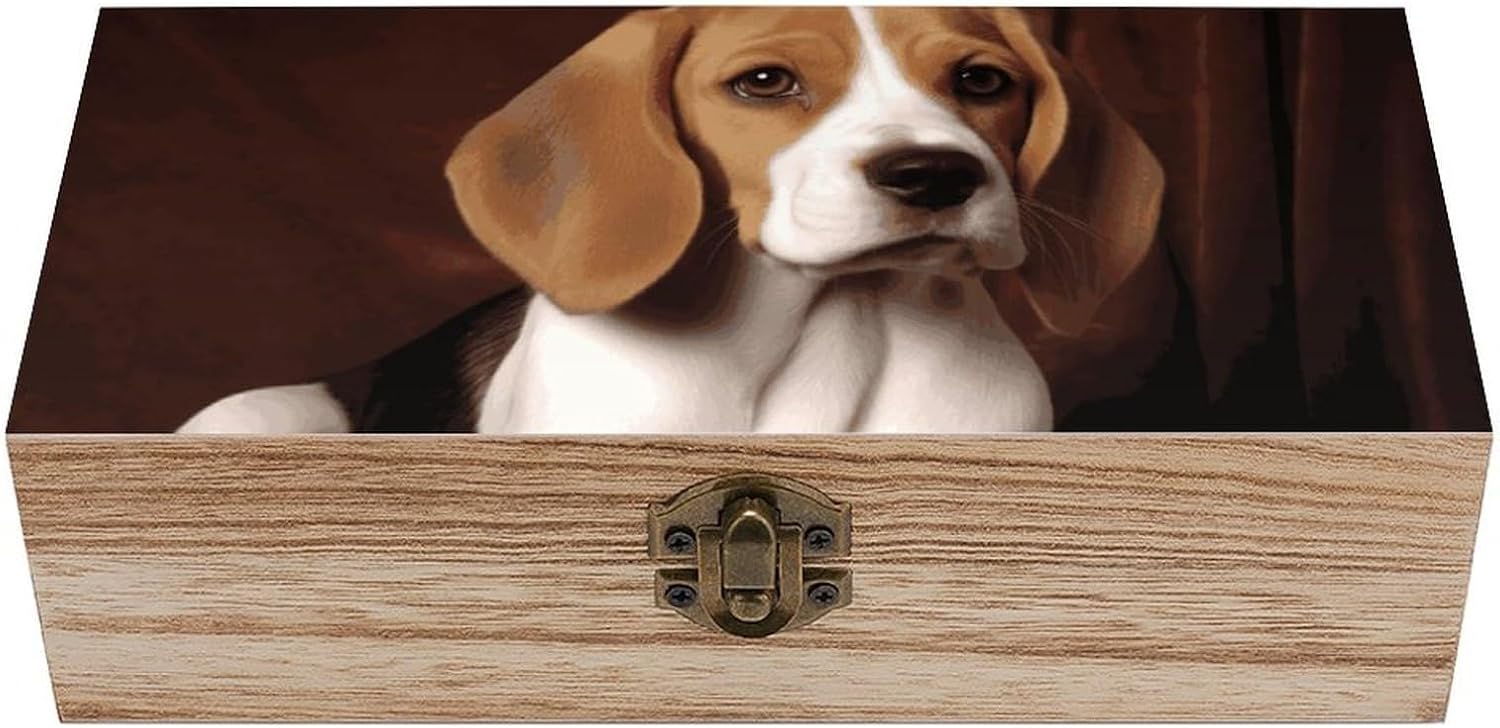 Ovely Pet Dog Beagle Wooden Storage Box Locked Wood Gift Box Decorative Keepsake Boxes Storage Bins, Memory Boxes for Pictures, Jewelry Organizer Unique Gift Ideas for Men Women