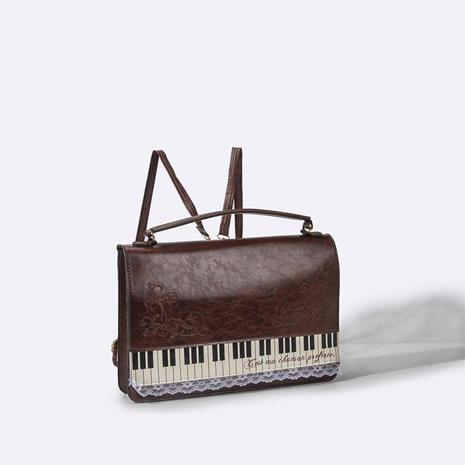 Piano Keyboard Crossbody Bag Women, Vintage Retro Brown Shoulder Bag, Faux Leather Satchel with Lace Trim, Music Note Embroidery, Top Handle Purse Gift for Music Lovers