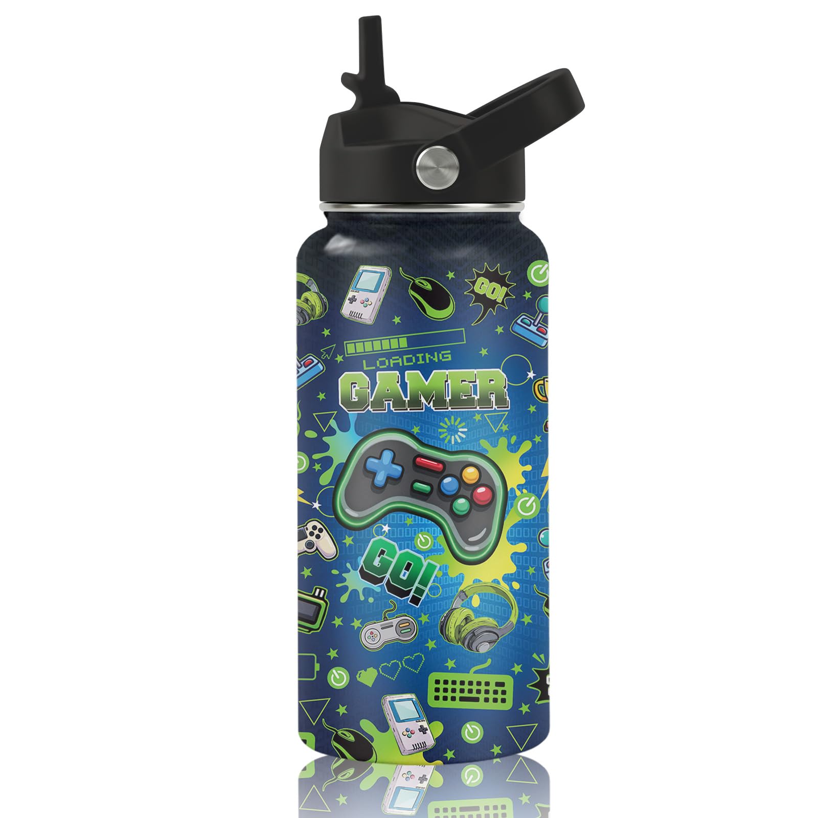 Gifts for Game Lovers - 32oz Gamer Water Bottle with Straw, Games Stainless Steel Water Bottle, Leak Proof, BPA-Free, Sport Insulated Waters Bottles