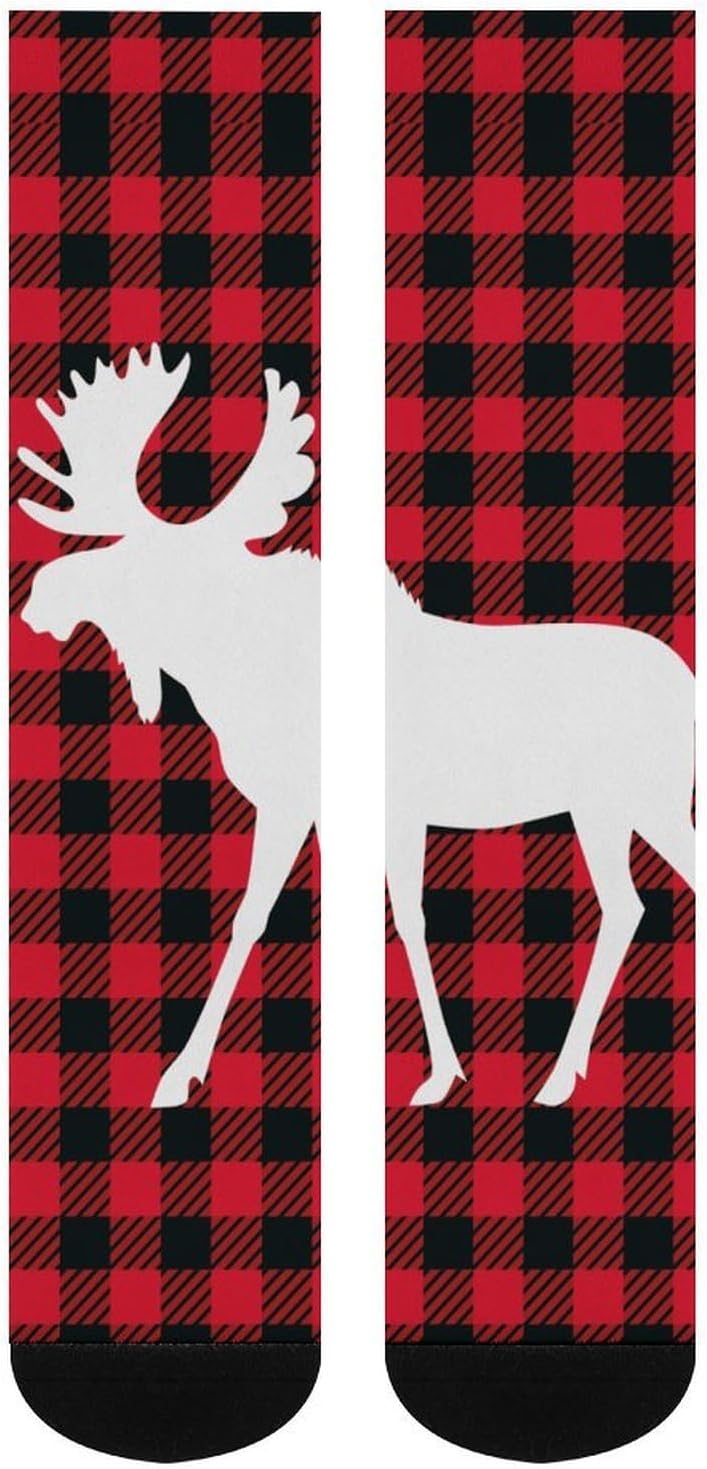 Moose Buffalo Plaid Knee High Socks Athletic Long Stockings Sport Casual Crew Tube Sock Boot 46cm